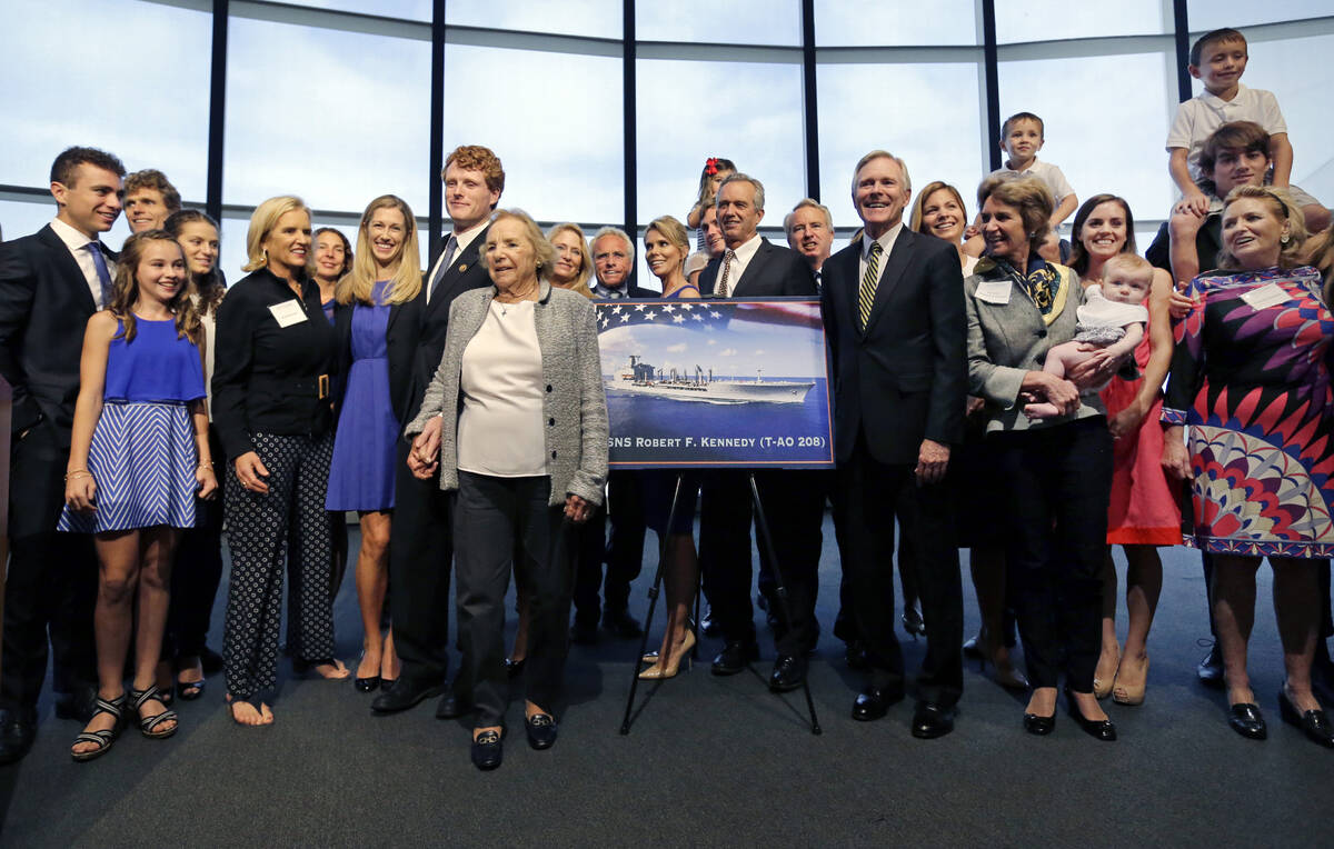 Ethel Kennedy, widow of Sen. Robert F. Kennedy, and Navy Secretary Ray Mabus flank a rendering ...