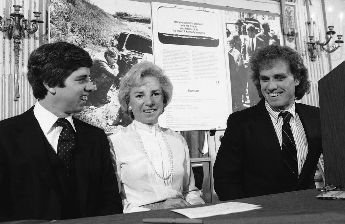 Michael, Joseph and mother, Ethel Kennedy at news conference, April 23, 1981 at Plaza hotel, on ...