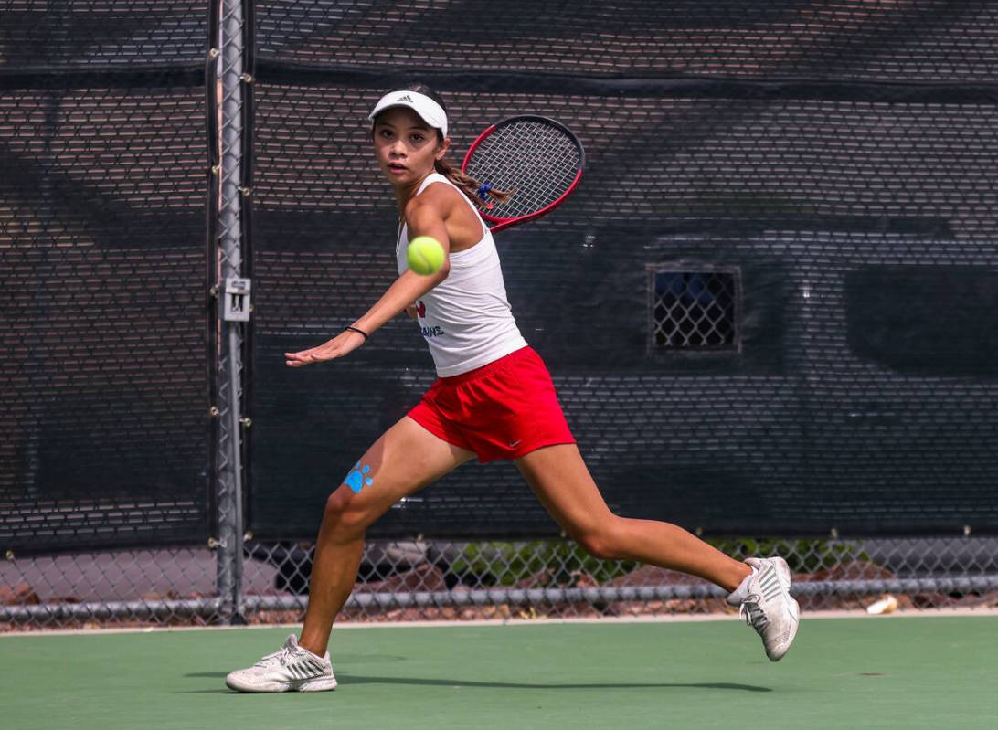 Coronado High School’s Gabriella Trentacosta swings to return the ball in a singles matc ...