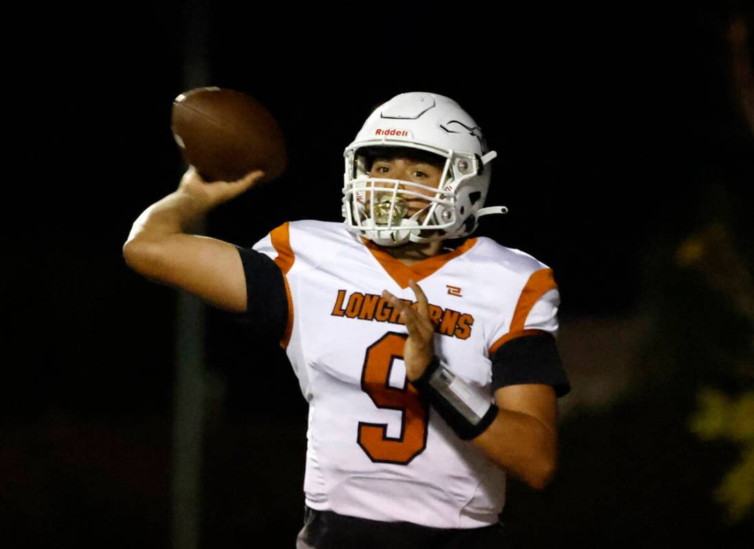 Legacy High's quarterback Aidan Crawford (9) throws a pass against Faith Lutheran during the fi ...