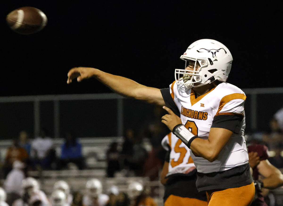 Legacy High's quarterback Aidan Crawford (9) throws a pass against Faith Lutheran during the fi ...