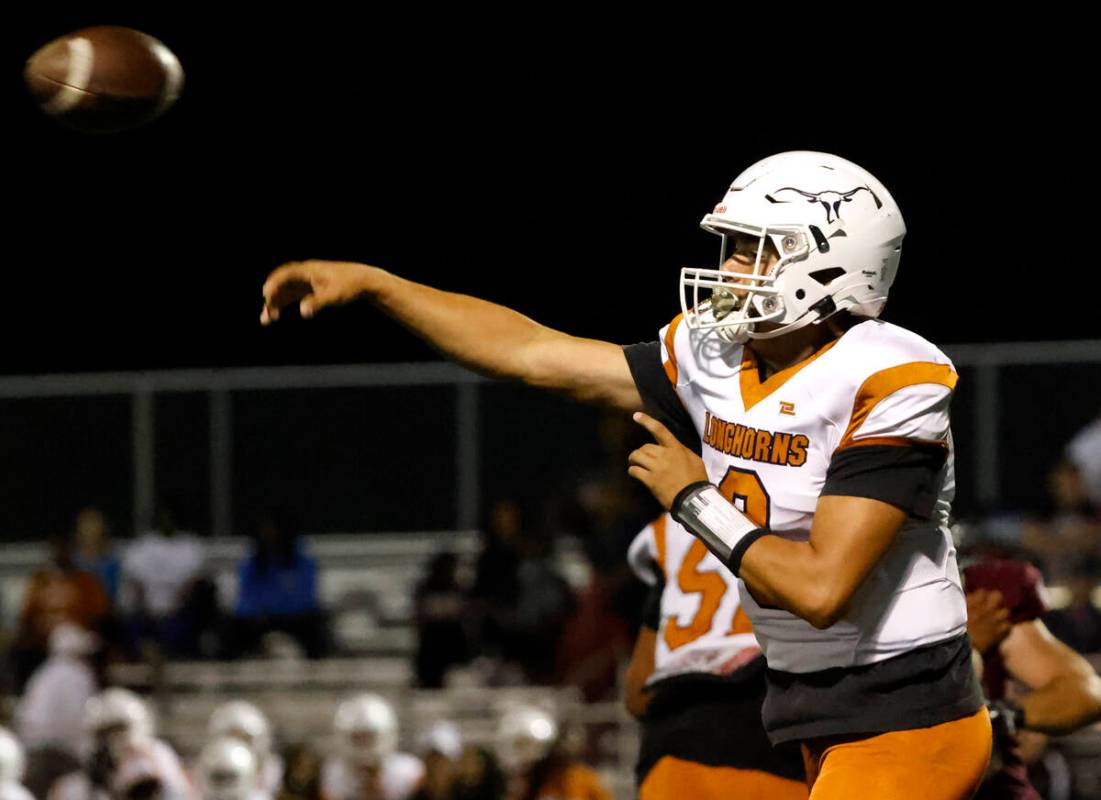 Legacy High's quarterback Aidan Crawford (9) throws a pass against Faith Lutheran during the fi ...