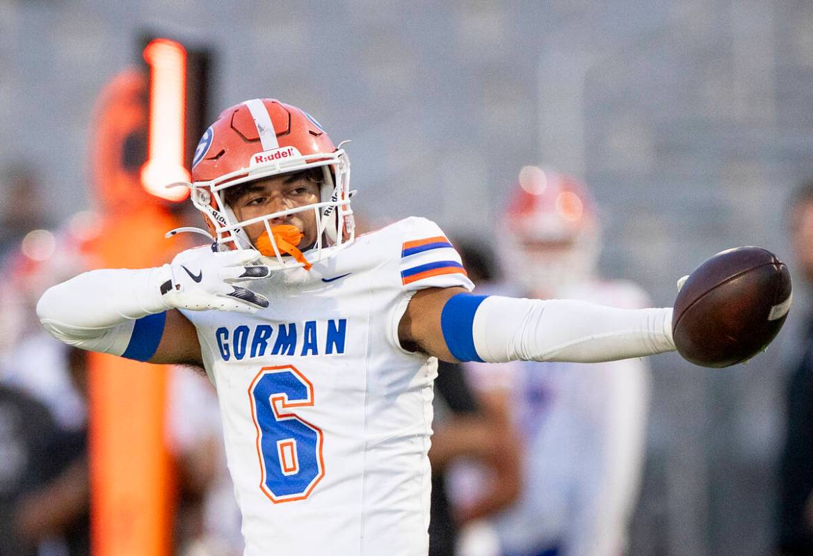 Bishop Gorman wide receiver Brandon Gaea (6) celebrates a first down during the high school foo ...