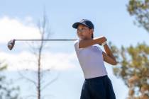 Coronado’s Grace Oh watches her ball drive down the fairway during the 5A Desert League ...