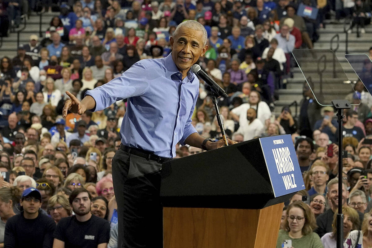 Former President Barack Obama speaks during a campaign rally supporting Democratic presidential ...