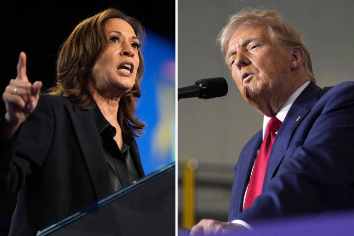 This combination photo shows Democratic presidential nominee Vice President Kamala Harris at a ...