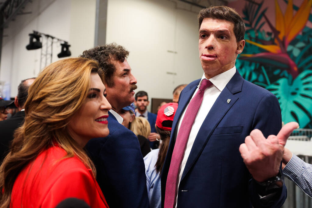 Republican senate candidate Sam Brown is greeted during a Building America’s Future roun ...