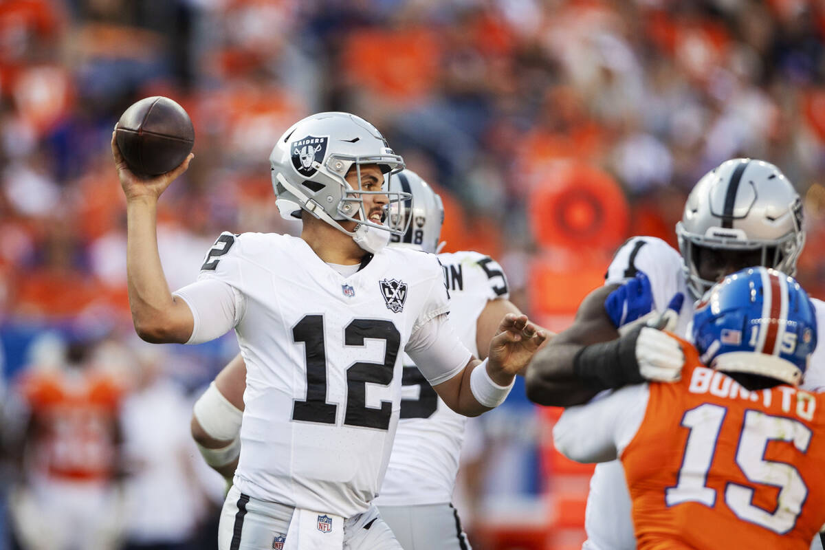 Raiders quarterback Aidan O'Connell (12) makes a throw against the Denver Broncos during the se ...