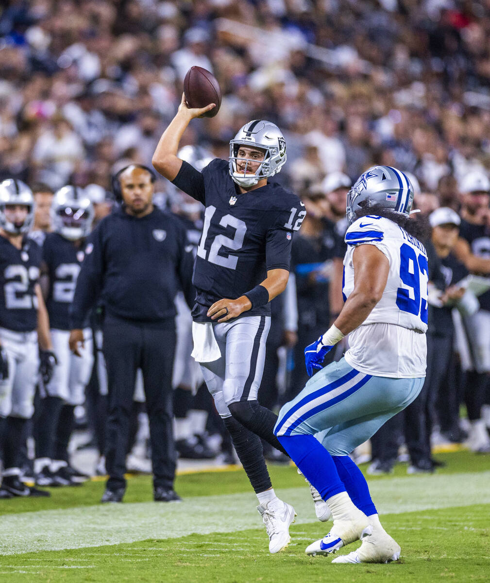 Raiders quarterback Aidan O'Connell (12) gets off a pass over Dallas Cowboys defensive end Vili ...