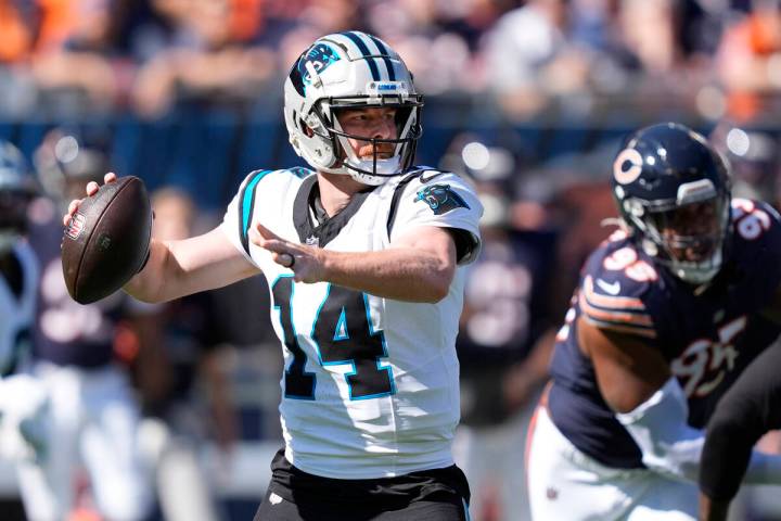 Carolina Panthers quarterback Andy Dalton looks to pass during an NFL football game against the ...