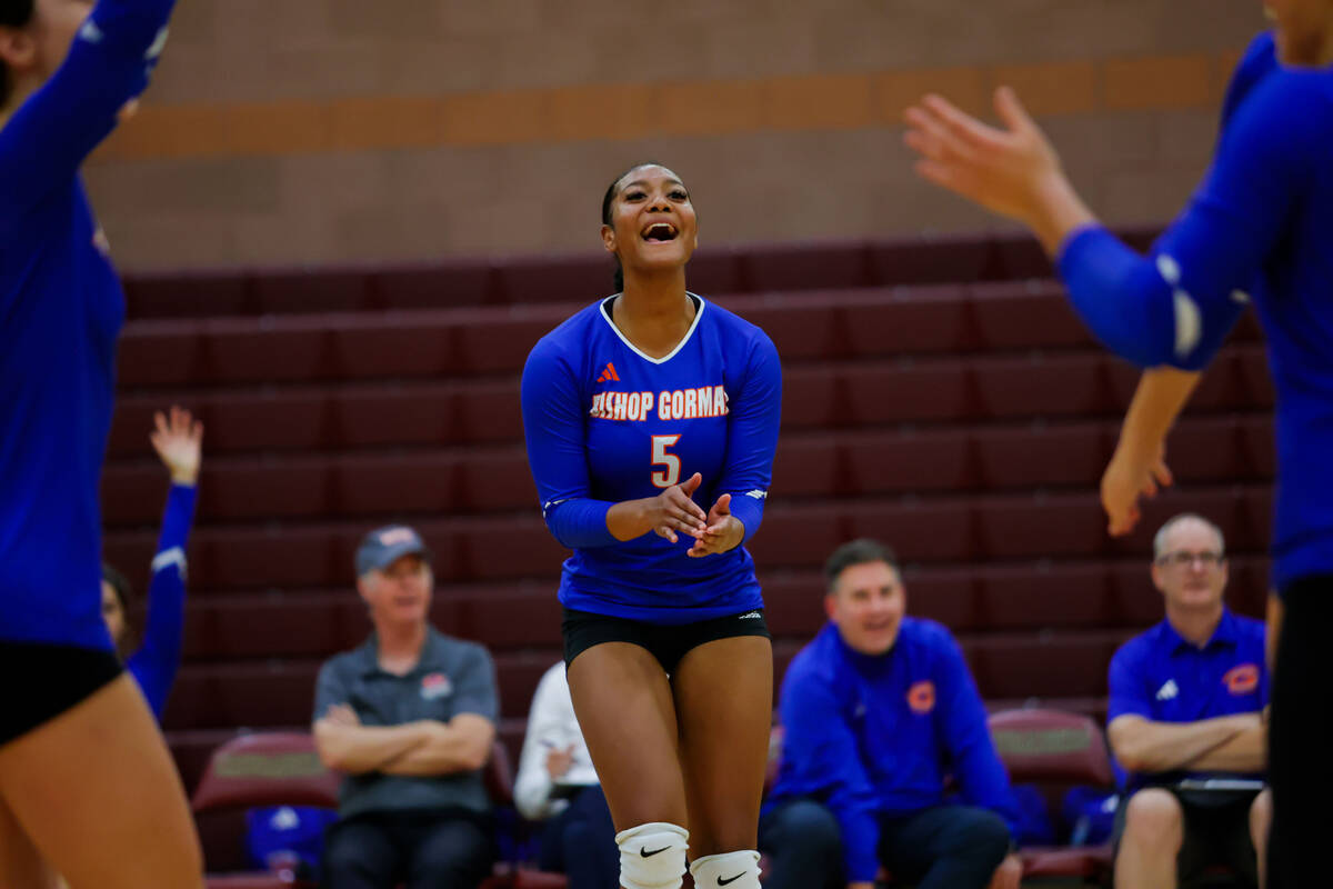 Bishop Gorman outside hitter Carsyn Stansberry (5) celebrates after a set-point score during a ...