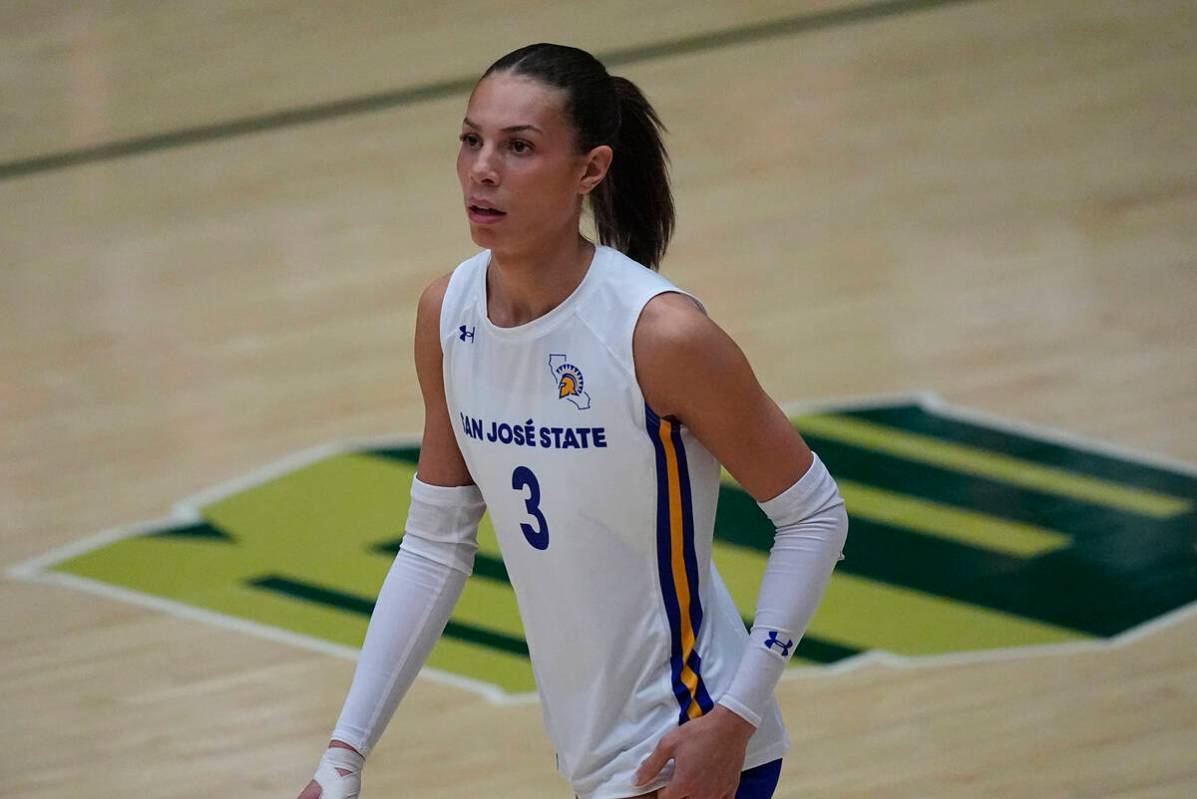 San JOse State outer hitter Blaire Fleming in the first set of an NCAA college volleyball match ...