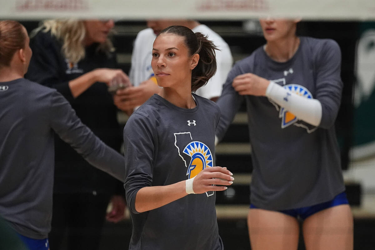 San Jose State outer hitter Blaire Fleming warms up for the first set of an NCAA college volley ...