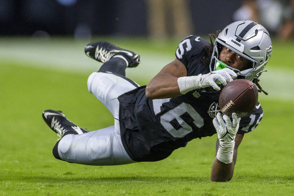 Raiders wide receiver Jakobi Meyers (16) dives for a long reception attempt against the Clevela ...