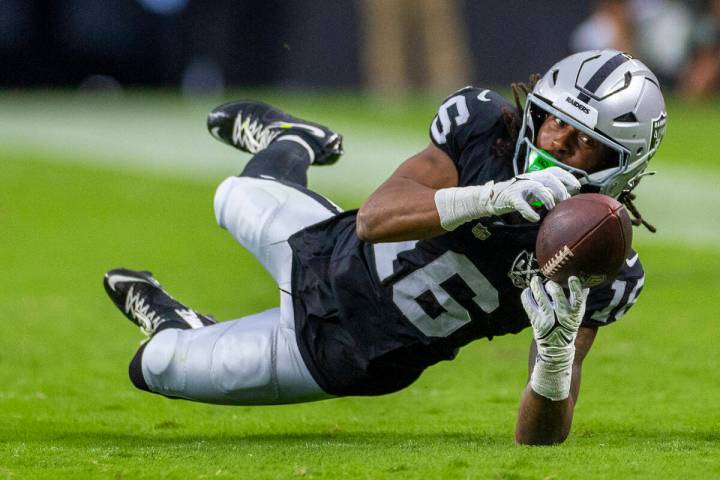 Raiders wide receiver Jakobi Meyers (16) dives for a long reception attempt against the Clevela ...