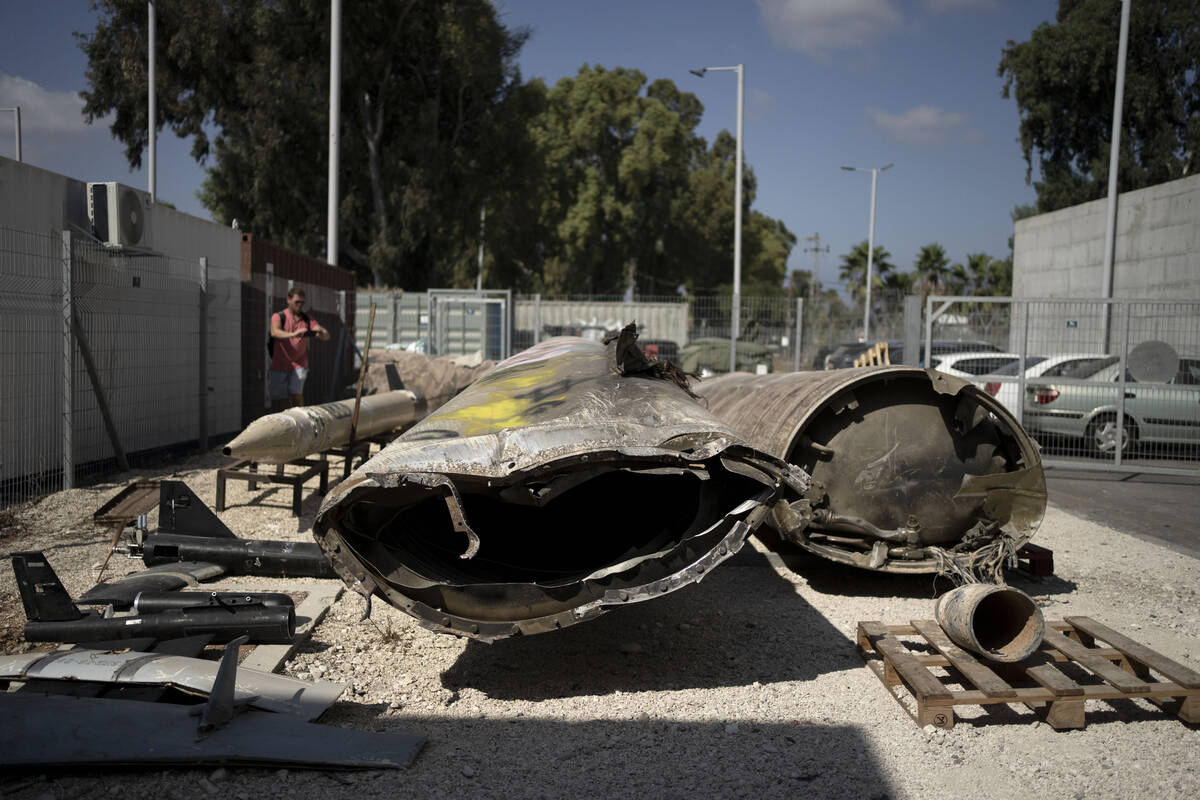 Iranian ballistic missile components that were fired at Israel are displayed during a governmen ...