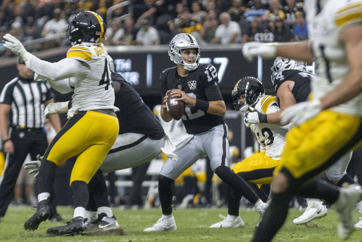 Raiders quarterback Aidan O'Connell (12) prepares to throw as Pittsburgh Steelers Pittsburgh St ...