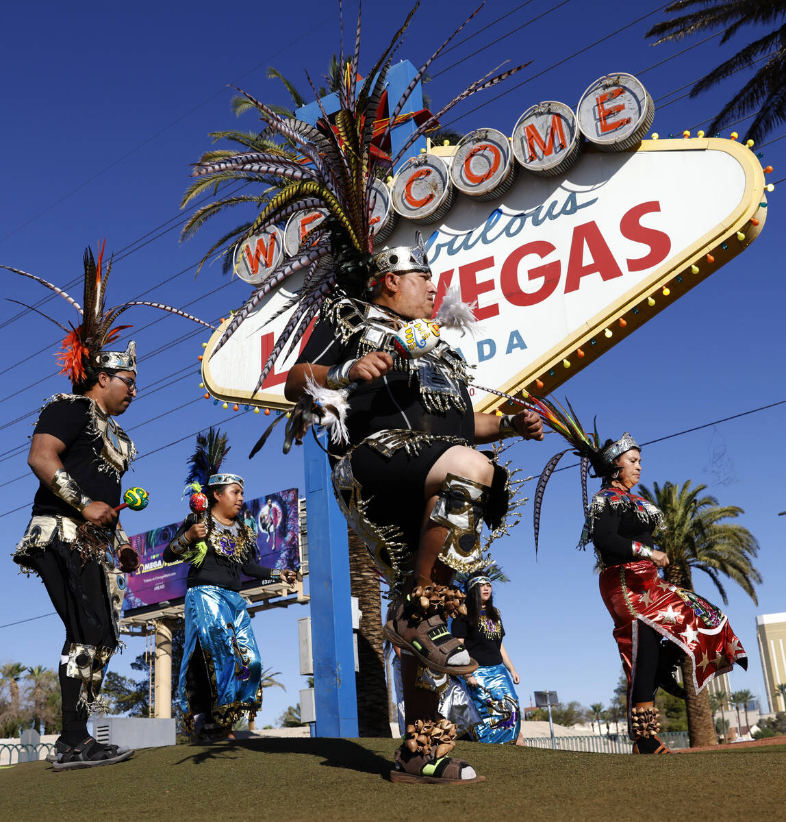 Members of the Danza Tonantzi Guadalupana Las Vegas dance group perform during Indigenous Peopl ...