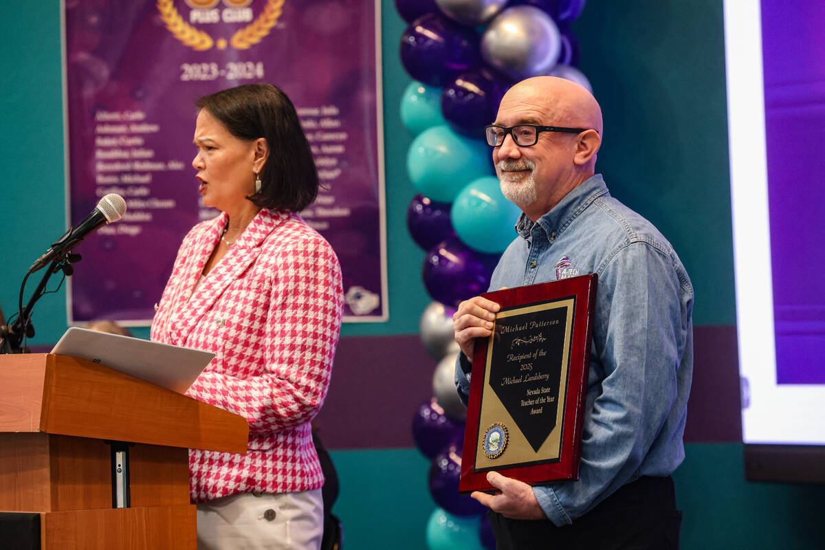 Superintendent of Public Instruction Jhone Ebert, left, speaks about the 2025 Nevada State Teac ...