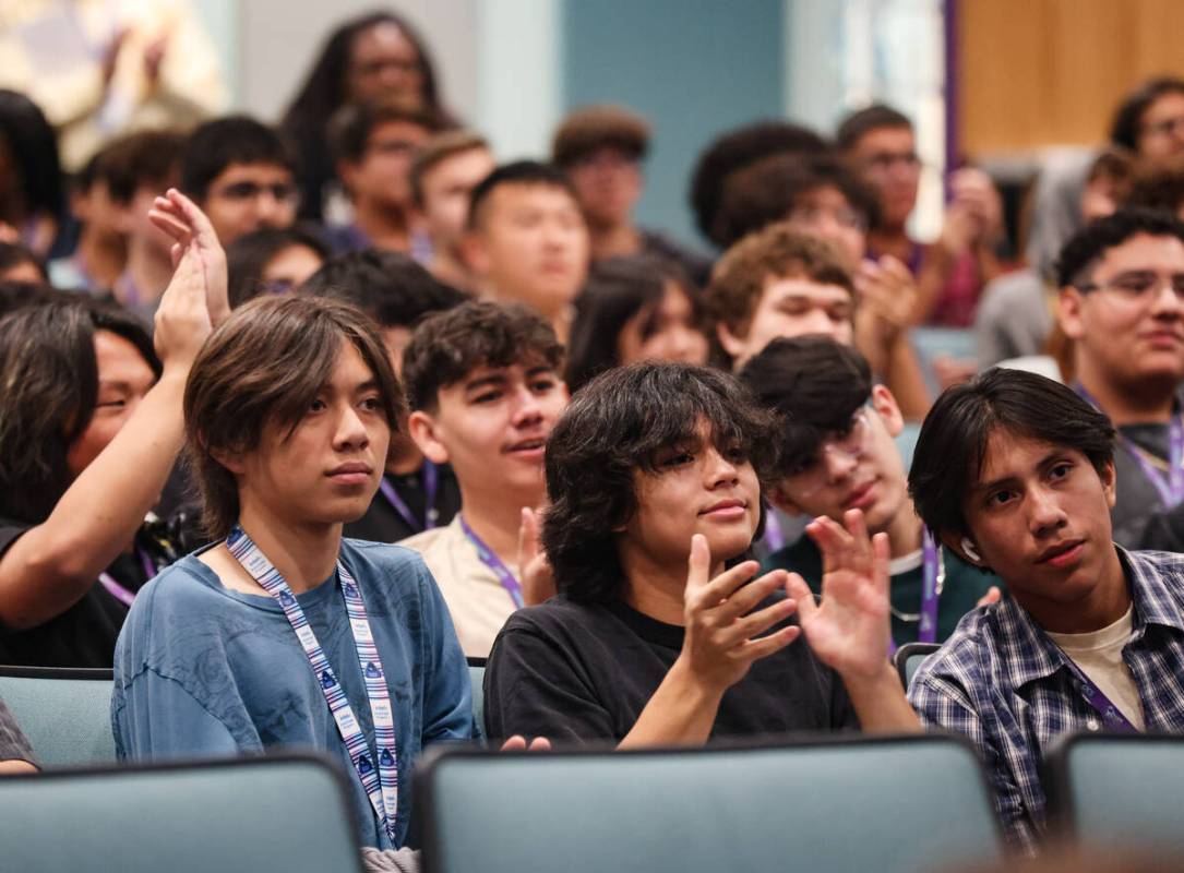 Students applaud math teacher Mike Patterson, who won 2025 Nevada State Teacher of the Year awa ...