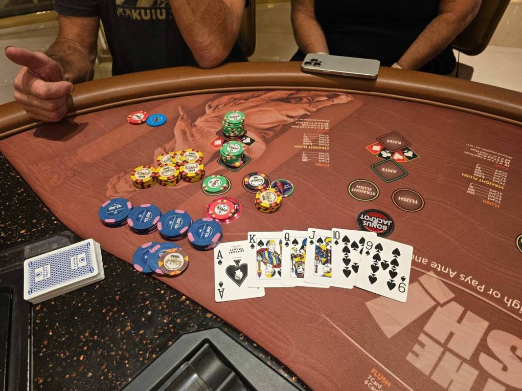 The winning hand for Eric H. of Sheridan, Montana, on Saturday, Oct. 12, 2024, at Caesars Palac ...