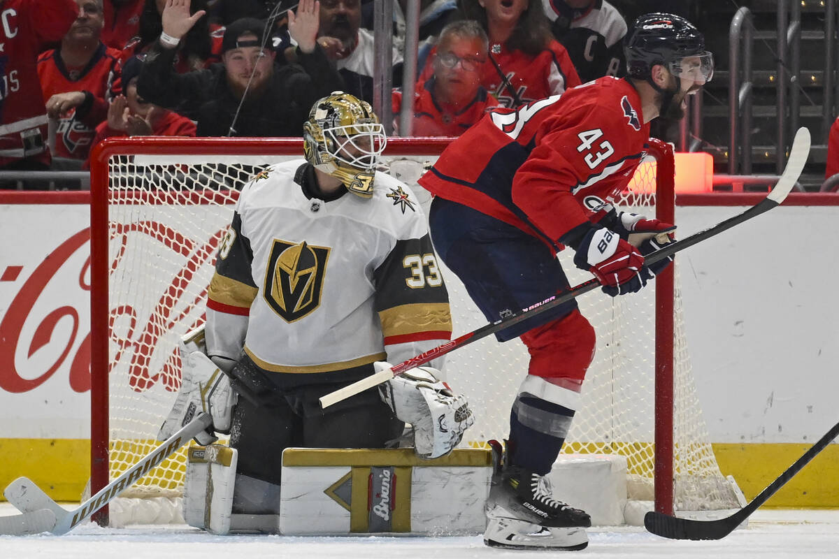 Washington Capitals right wing Tom Wilson (43) celebrates his goal on Vegas Golden Knights goal ...