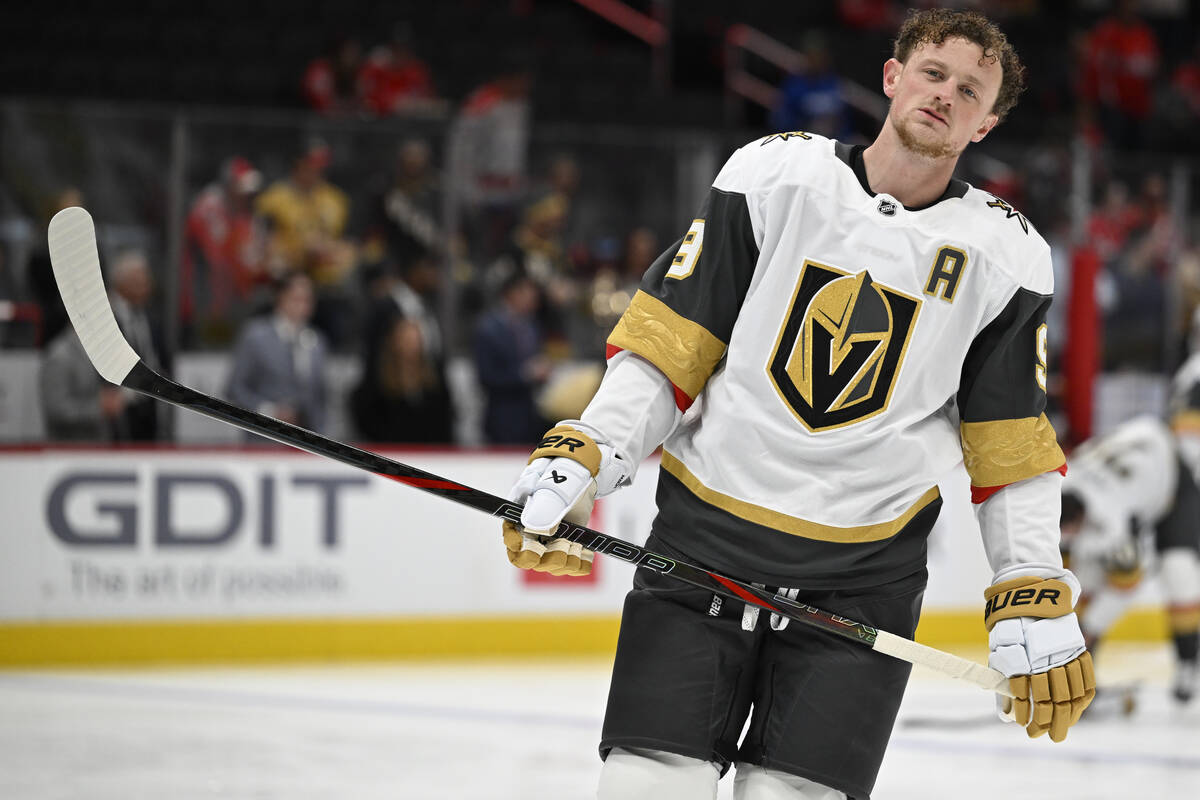 Vegas Golden Knights center Jack Eichel skates during warmups before an NHL hockey game against ...