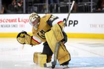 Golden Knights goaltender Logan Thompson (36) saves the puck during the second period in Game 3 ...