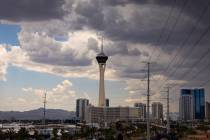 The Strat is pictured as clouds cover the sky on Thursday, July 18, 2024, in Las Vegas. (Chase ...