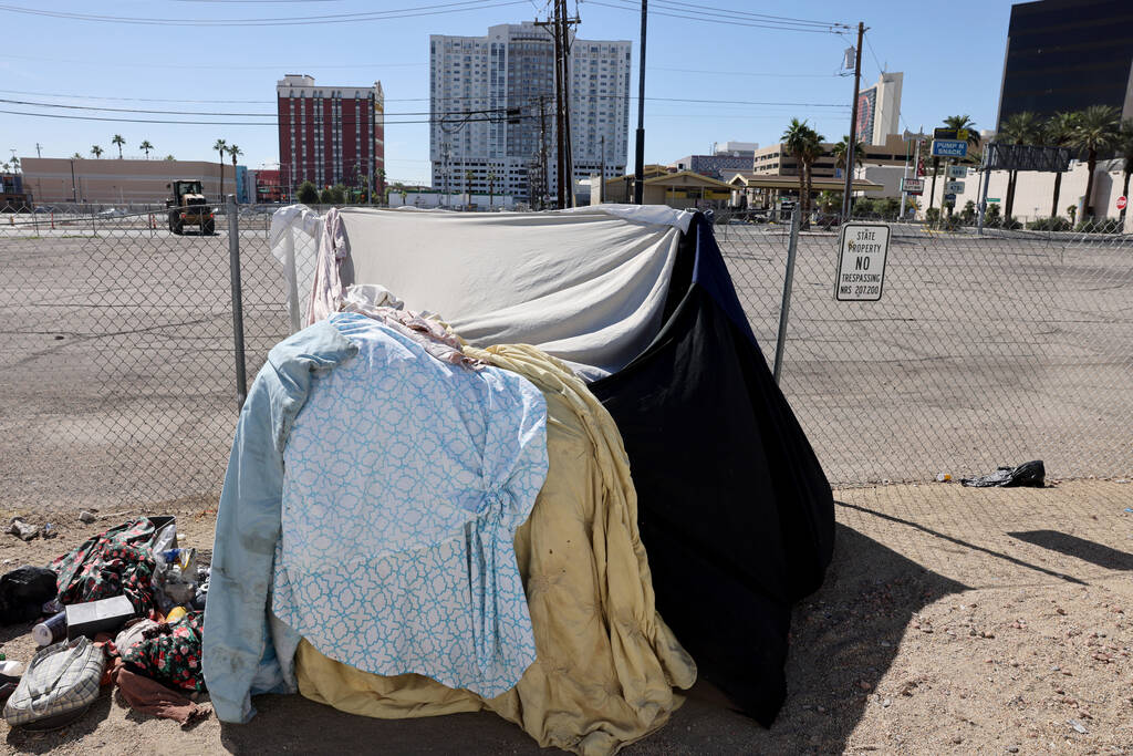 A shelter is shown off Las Vegas Boulevard near Mesquite Avenue in downtown Las Vegas Tuesday, ...