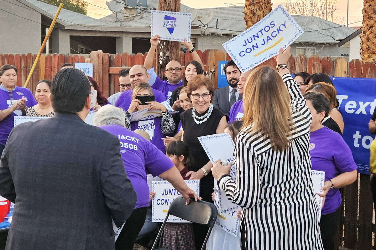 Sen. Jacky Rosen, D-Nev., rallies supporters at a phone bank event at Lupe Arreola’s hom ...