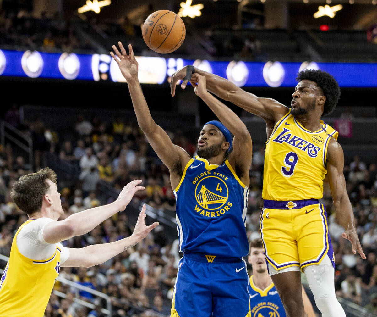 Los Angeles Lakers guard Bronny James Jr. (9) swats the ball away from Golden State Warriors gu ...