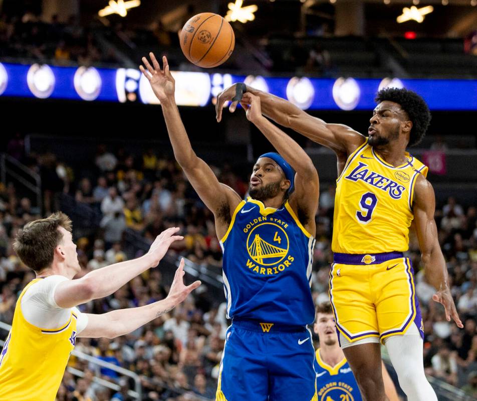 Los Angeles Lakers guard Bronny James Jr. (9) swats the ball away from Golden State Warriors gu ...