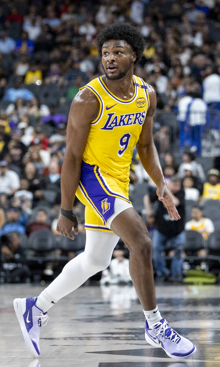 Los Angeles Lakers guard Bronny James Jr. (9) watches a play near the hoop during the NBA prese ...