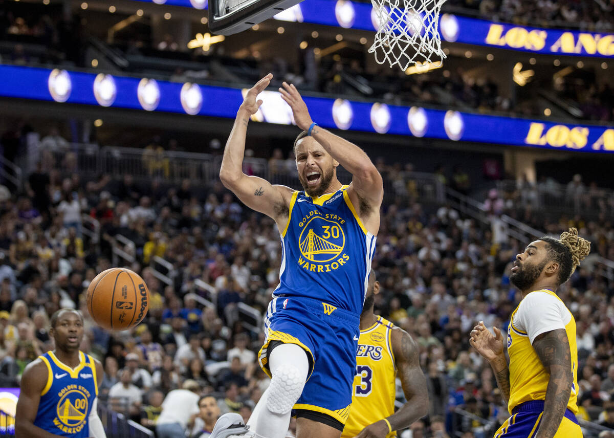 Golden State Warriors guard Stephen Curry (30) reacts after the whistle is blown during the NBA ...