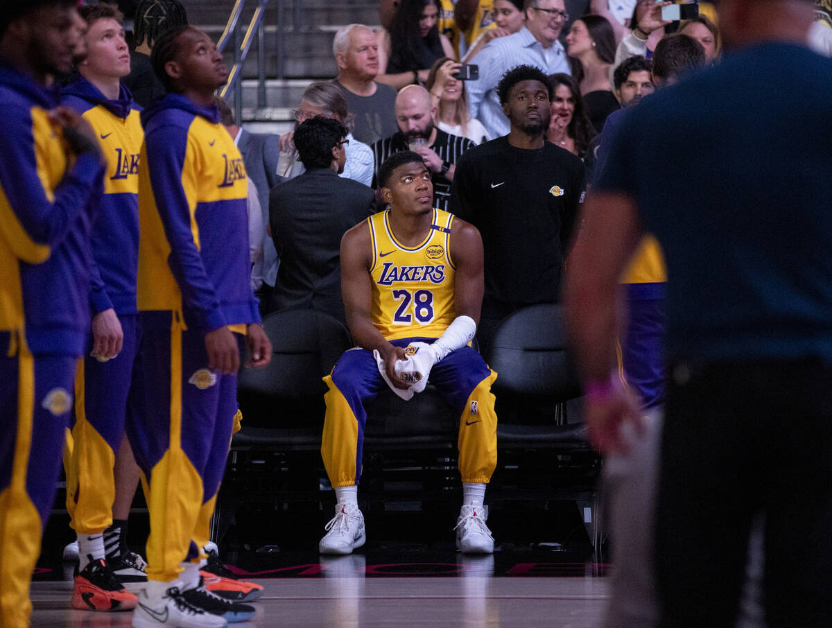 Los Angeles Lakers forward Rui Hachimura (28) is introduced before the NBA preseason basketball ...