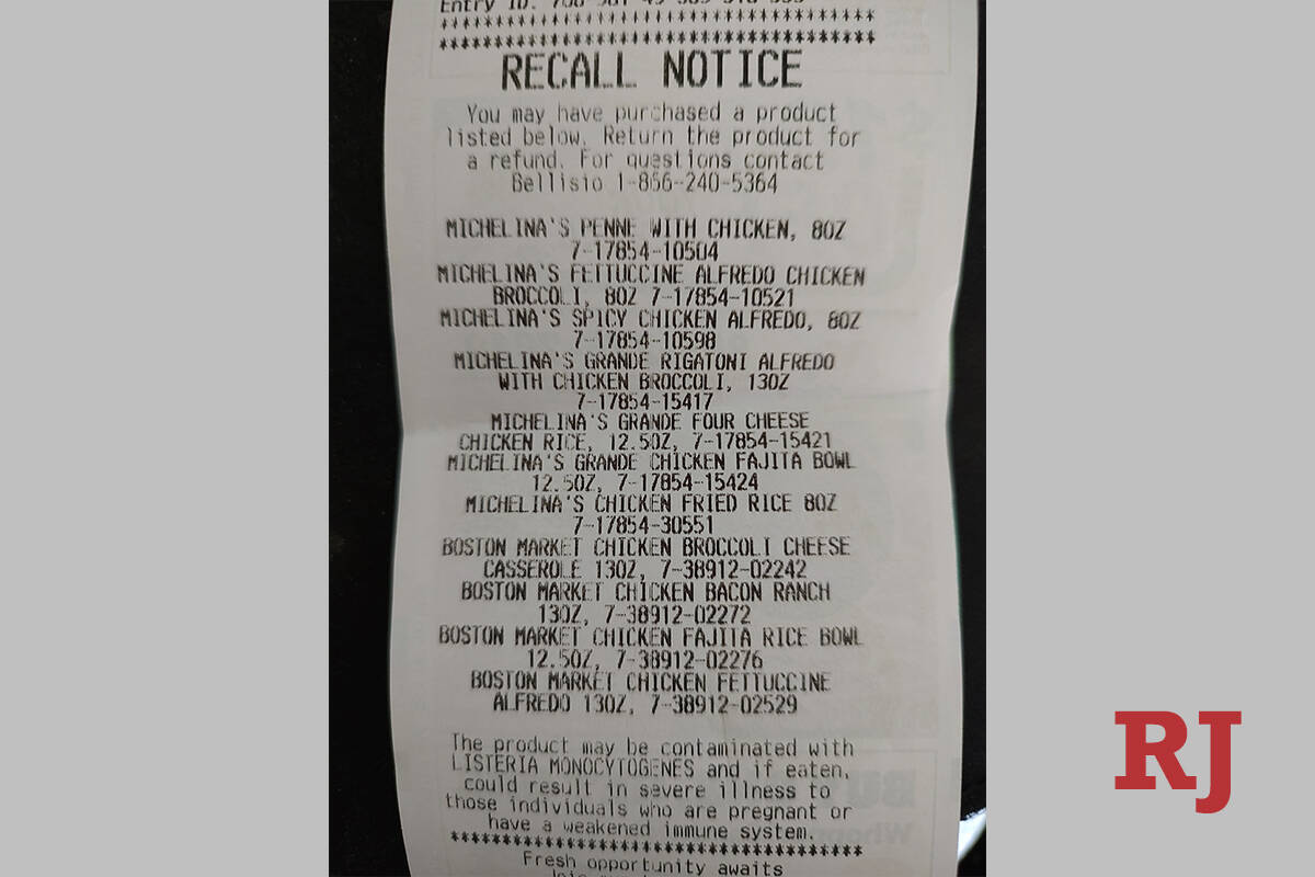 A receipt from the Smith's Food & Drug Store on Rampart in Las Vegas showing a list of recalled ...