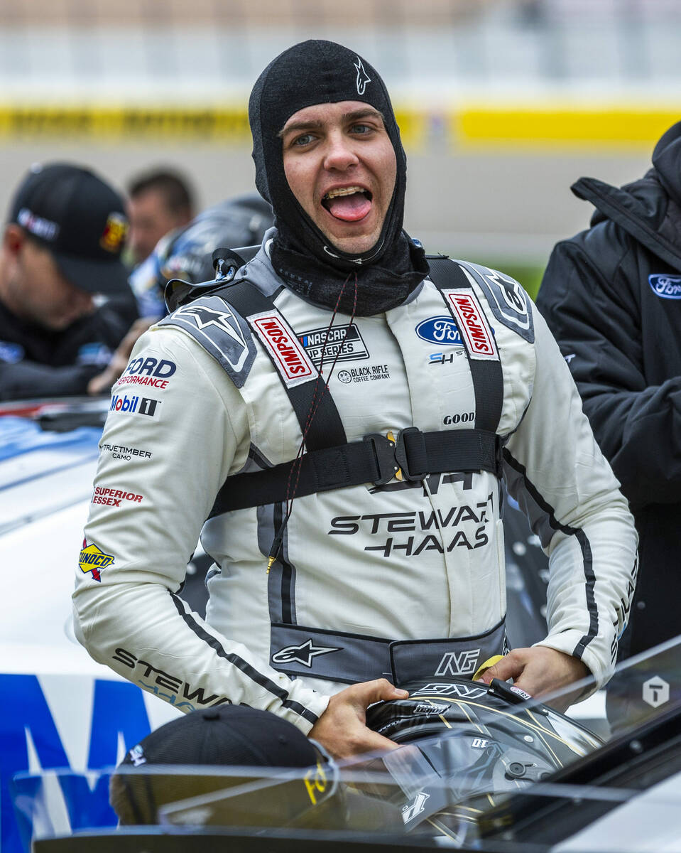 Driver Noah Gragson, #10 with Stewart-Haas Racing Ford, jokes around with his pit crew as he r ...