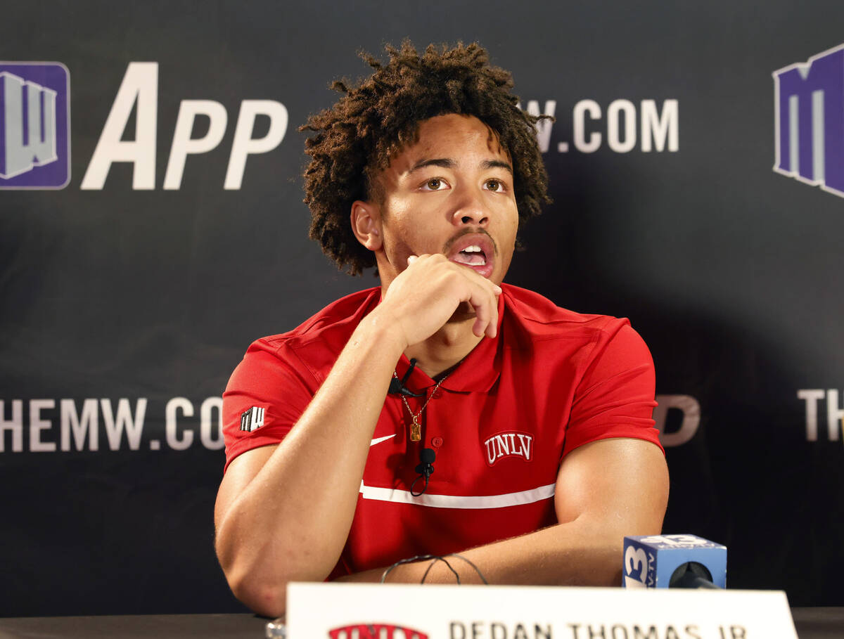 UNLV Rebels guard Dedan Thomas Jr. speaks during the Mountain West Conference men's basketball ...