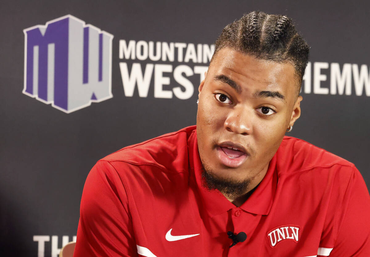 UNLV Rebels forward Rob Whaley Jr. speaks during the Mountain West Conference men's basketball ...