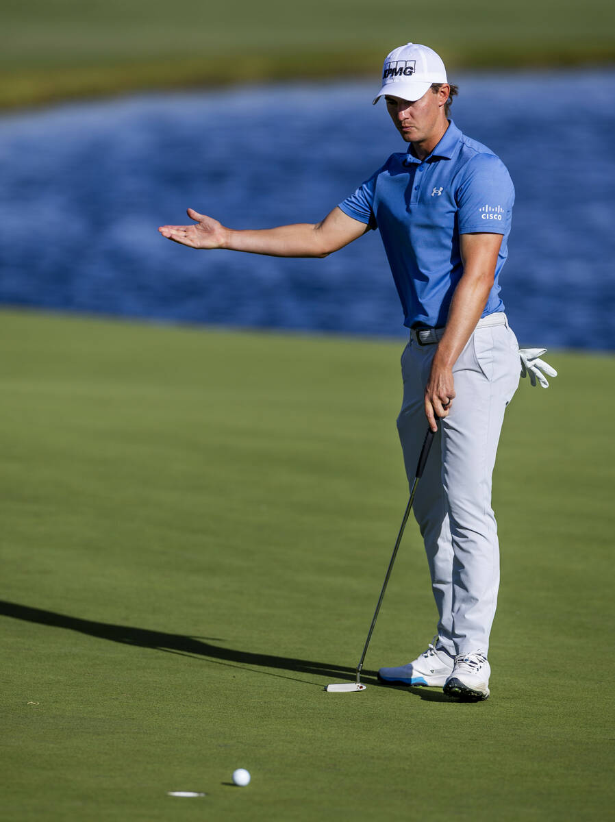 Maverick McNealy is surprised at a missed putt at hole #18 during the opening round of the Shri ...