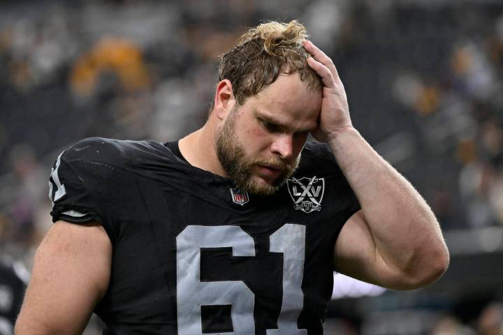 Las Vegas Raiders guard Jordan Meredith reacts after an NFL football game against the Pittsburg ...