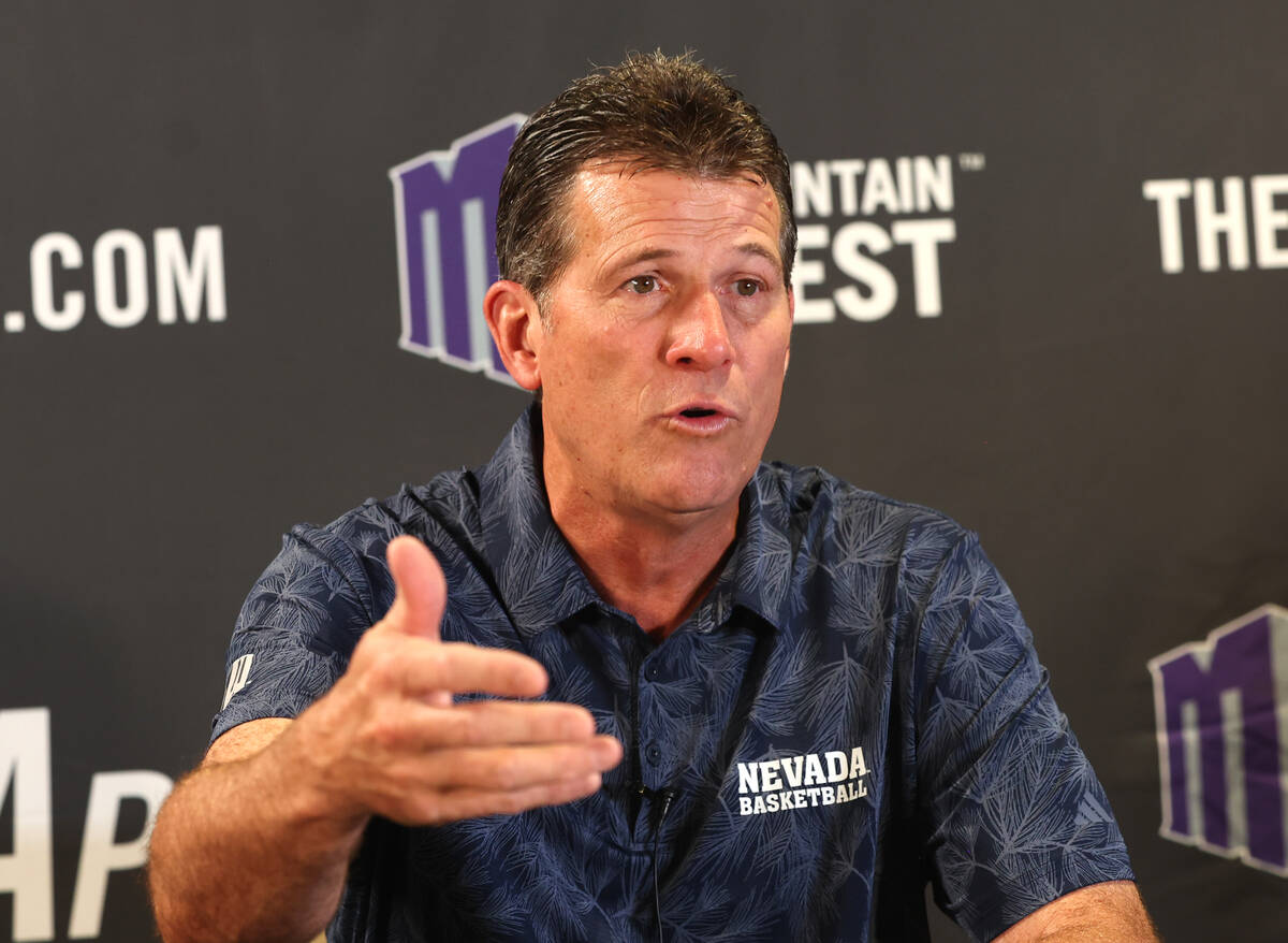 Nevada basketball head coach Steve Alford speaks during the Mountain West Conference men's bask ...