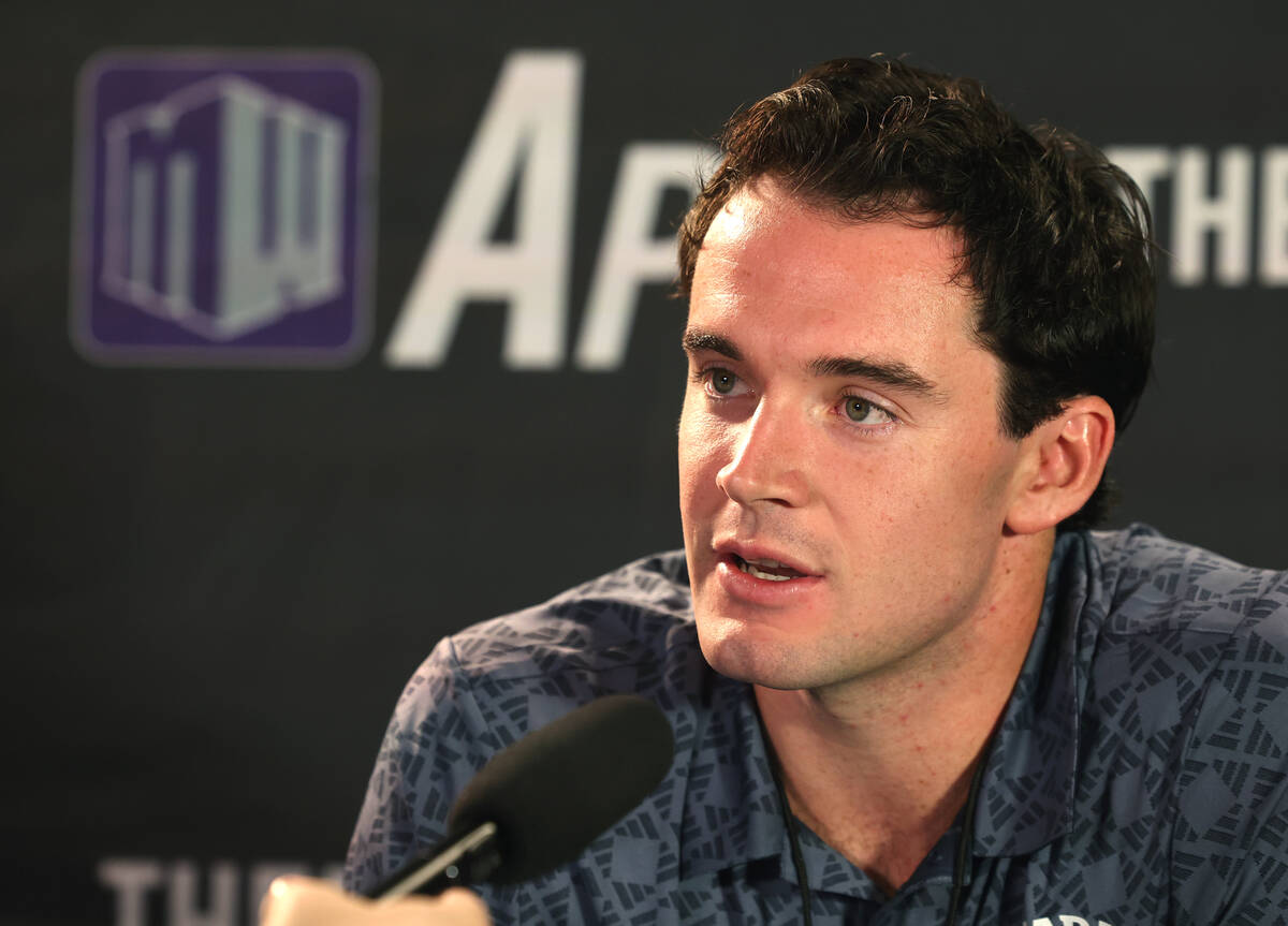 Nevada Wolf Pack forward Nick Davidson speaks during the Mountain West Conference men's basketb ...