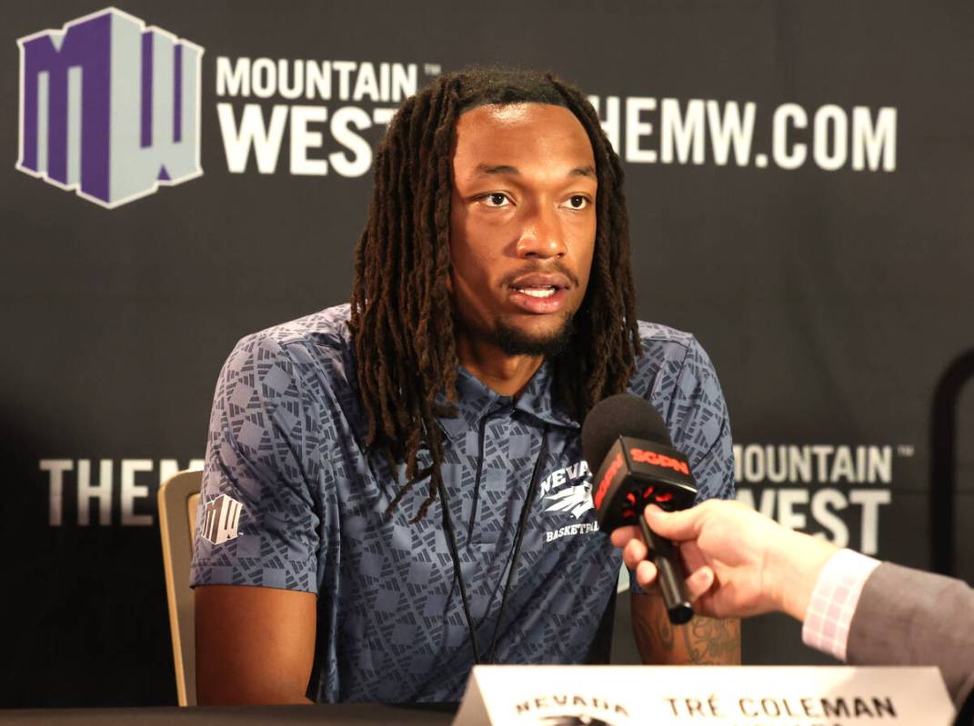 Nevada Wolf Pack forward Tre Coleman speaks during the Mountain West Conference men's basketbal ...