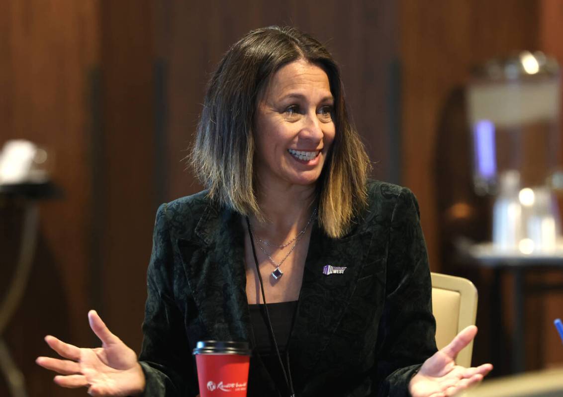 Mountain West Conference commissioner Gloria Nevarez speaks during men's basketball media day, ...