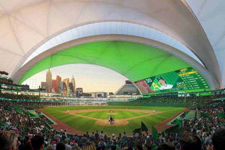 This is an undated artist’s rendering of the proposed baseball stadium for the Athletics to b ...