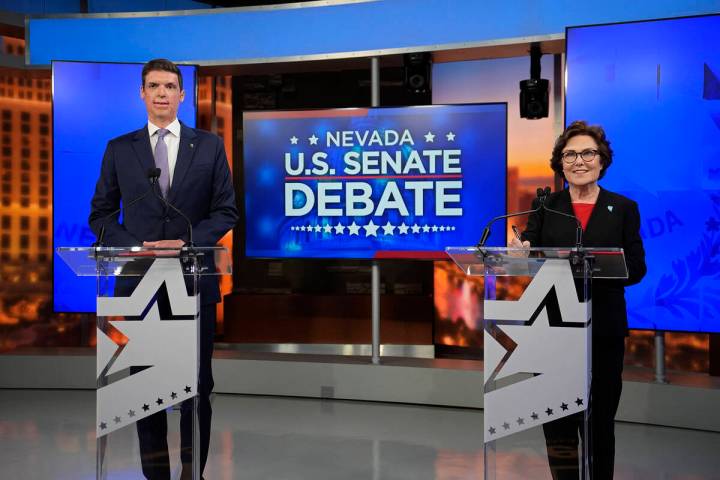 Republican senatorial candidate Sam Brown, left, and Sen. Jacky Rosen, D-Nev., stand in a tv st ...