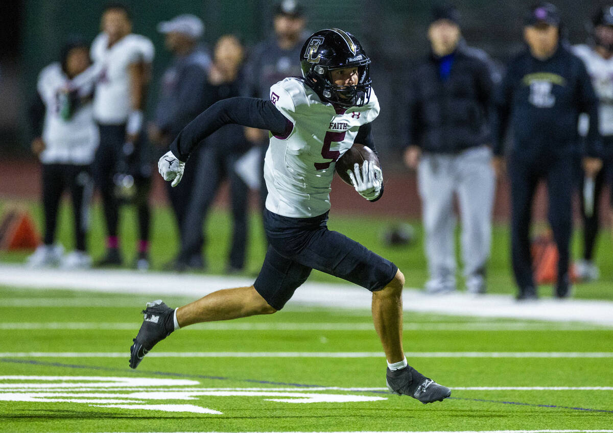 Faith Lutheran wide receiver Jack Brascia (5) sprints up the field after a catch against Green ...