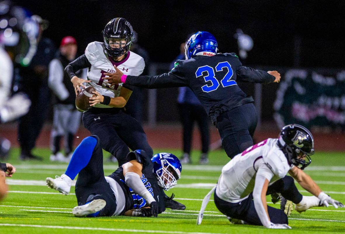 Faith Lutheran quarterback Alexander Rogers (15) dodges Green Valley linebacker Richard Aiono ...